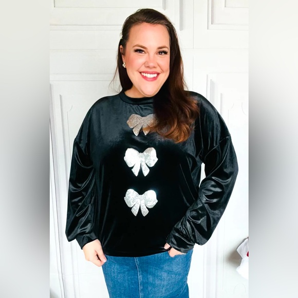 Haptics Sweaters - Home For The Holiday Silver Sequin Bow Velvet Pullover Top